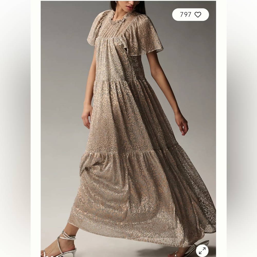 NWT By Anthropologie Short Sleeve Mock Neck Maxi Dress Metallic Cheetah Print S
